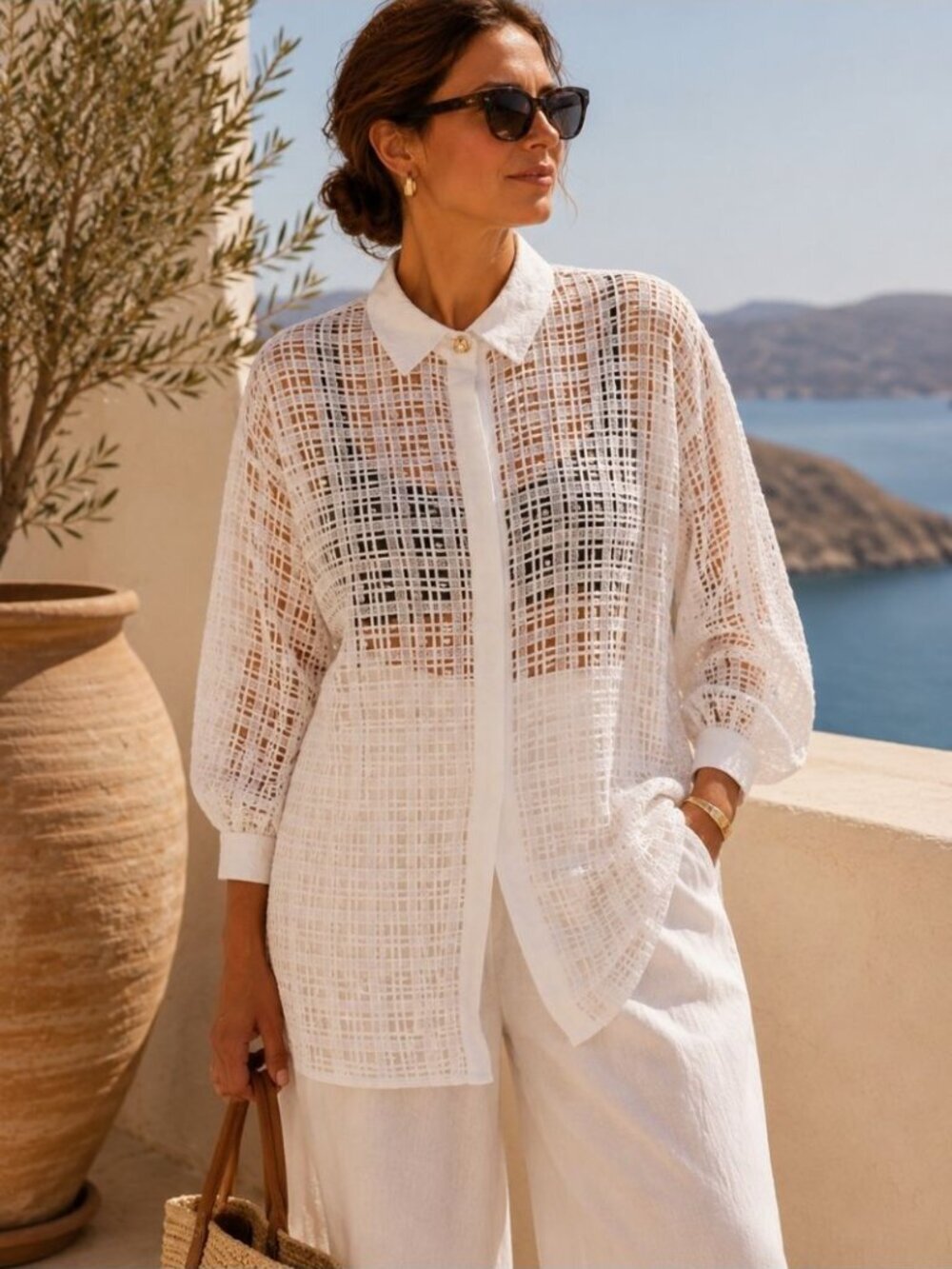 Vintage White Sheer Grid Lace Blouse Oversized Button Up Quiet Luxury XL Boho